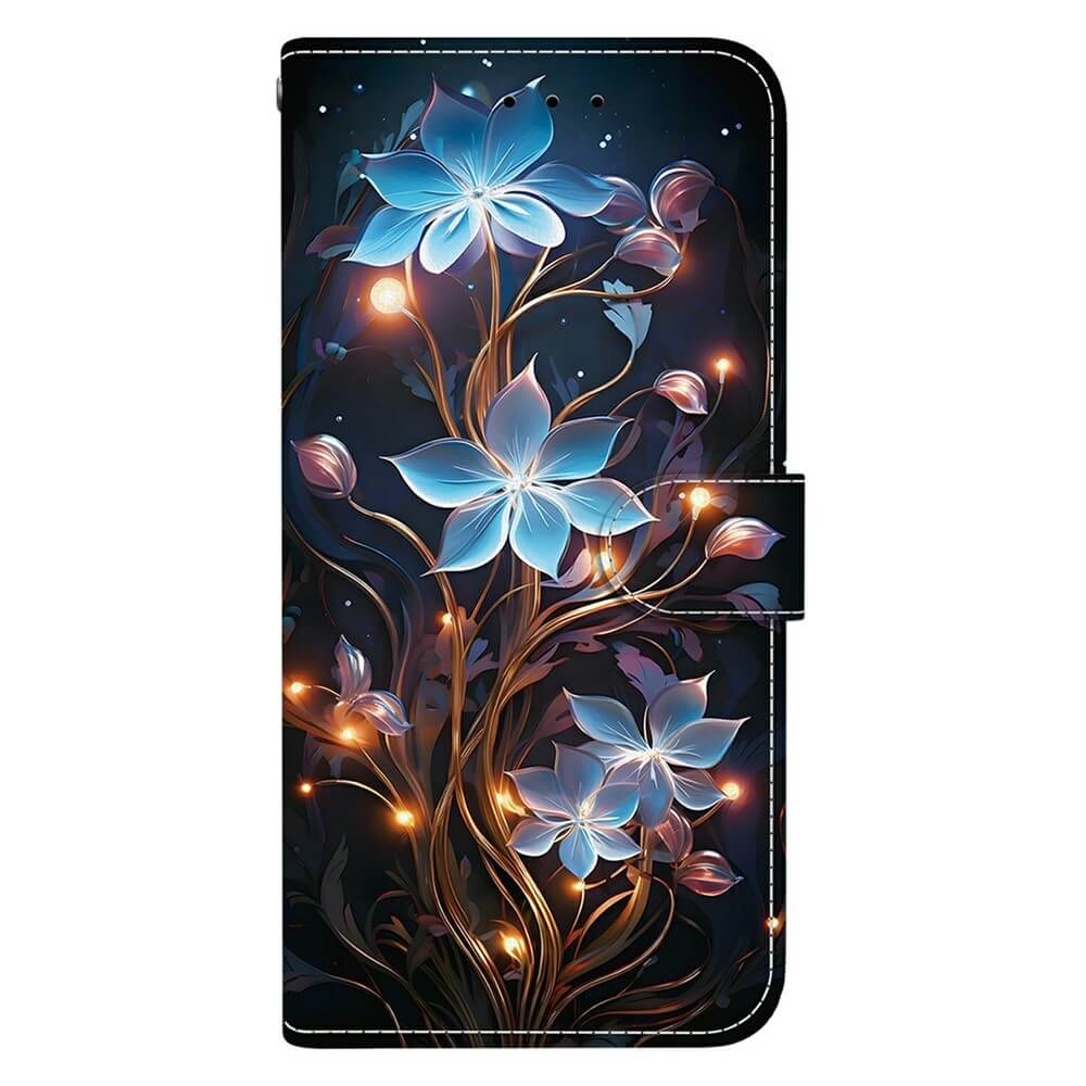 Die Cover-Discount iPhone 17 Air Klapphülle begeistert mit leuchtenden blauen Blumen und goldenen Akzenten auf dunklem, sternenklaren Hintergrund - edles Design und optimaler Schutz für Ihr Smartphone.