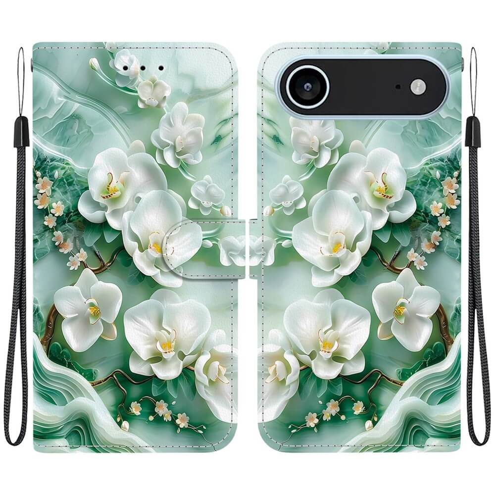 Die Cover-Discount iPhone 17 Air Handytasche Klapphülle Motiv verfügt über ein weißes Orchideen- und grünes Blattdesign, doppelte Handgelenkschlaufen und kombiniert Stil mit Komfort. Ideal als Ledertasche Hülle iPhone 17.