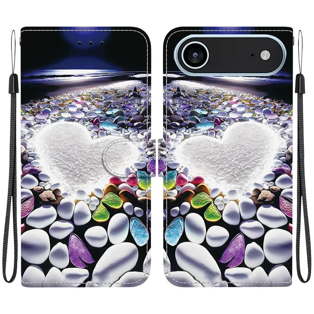 Die iPhone 17 Air Handytasche Klapphülle Motiv von Cover-Discount hat ein herzförmiges weißes Kieselstein-Design mit bunten Steinen auf dunklem Hintergrund - ein stilvoller Schutz für Ihr Gerät. Auch als Ledertasche Hülle erhältlich.