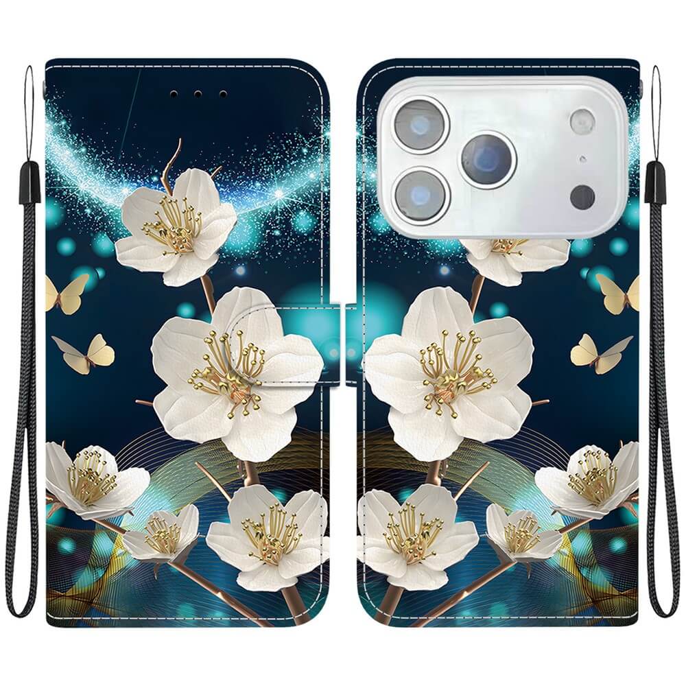 #farbe_magnolia|Die Cover-Discount iPhone 17 Pro - Handytasche Klapphülle Motiv zeigt weiße Blumen, Schmetterlinge, einen leuchtend blauen Hintergrund und Handgelenkschlaufen an beiden Seiten zum einfachen Tragen.