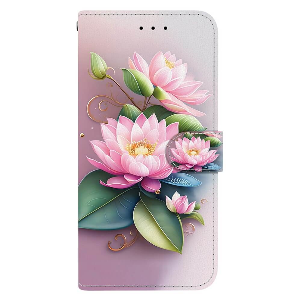 Die Cover-Discount iPhone 17 Pro Handytasche zeigt eine zarte, pinke Lotusblume mit grünen Blättern auf pastellfarbenem Hintergrund und schützt Ihr Gerät stilvoll.