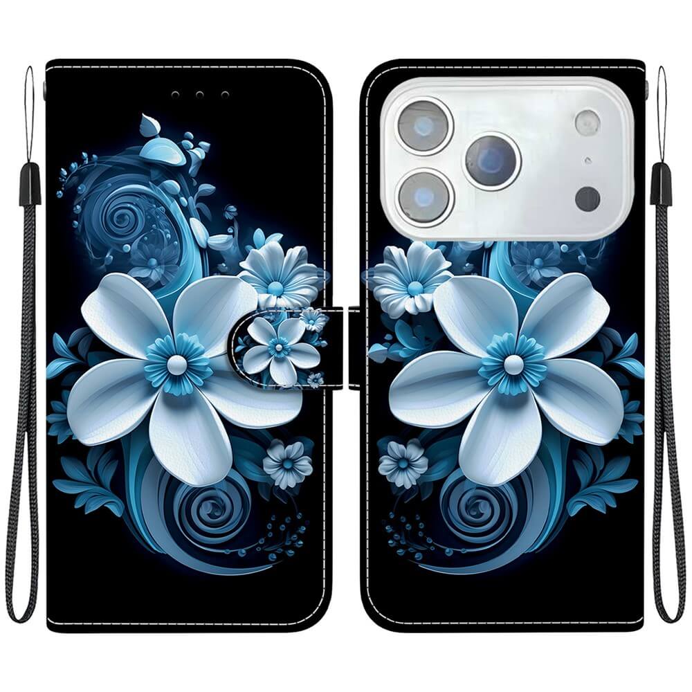 Die Cover-Discount iPhone 17 Pro Handytasche Klapphülle überzeugt mit blau-weißen Blumen und geschwungenen Mustern auf schwarzem Grund - stilvoller Schutz für dein Smartphone.