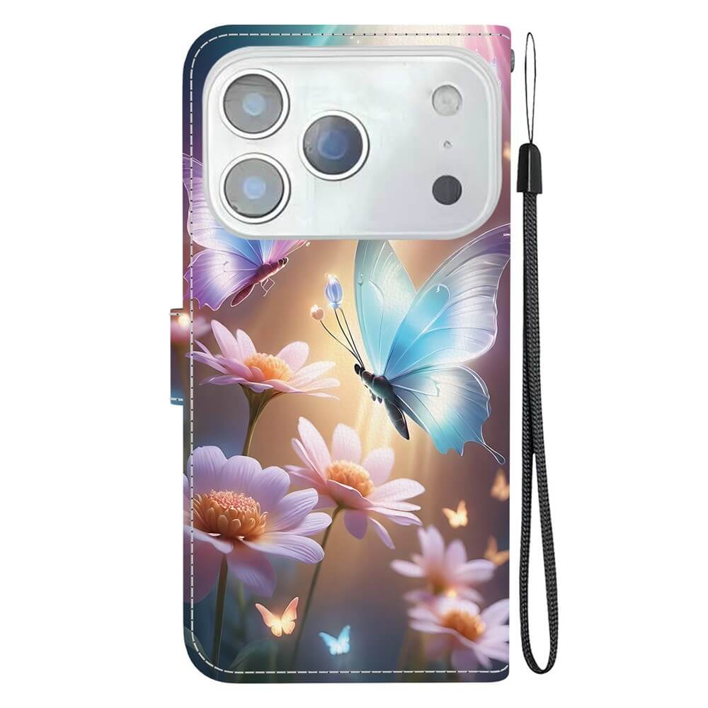 Die Cover-Discount iPhone 17 Pro - Handytasche Klapphülle Motiv mit blauen Schmetterlingen und Gänseblümchen bietet stilvollen Schutz, eine praktische Handschlaufe und präzisen Kameraausschnitt.