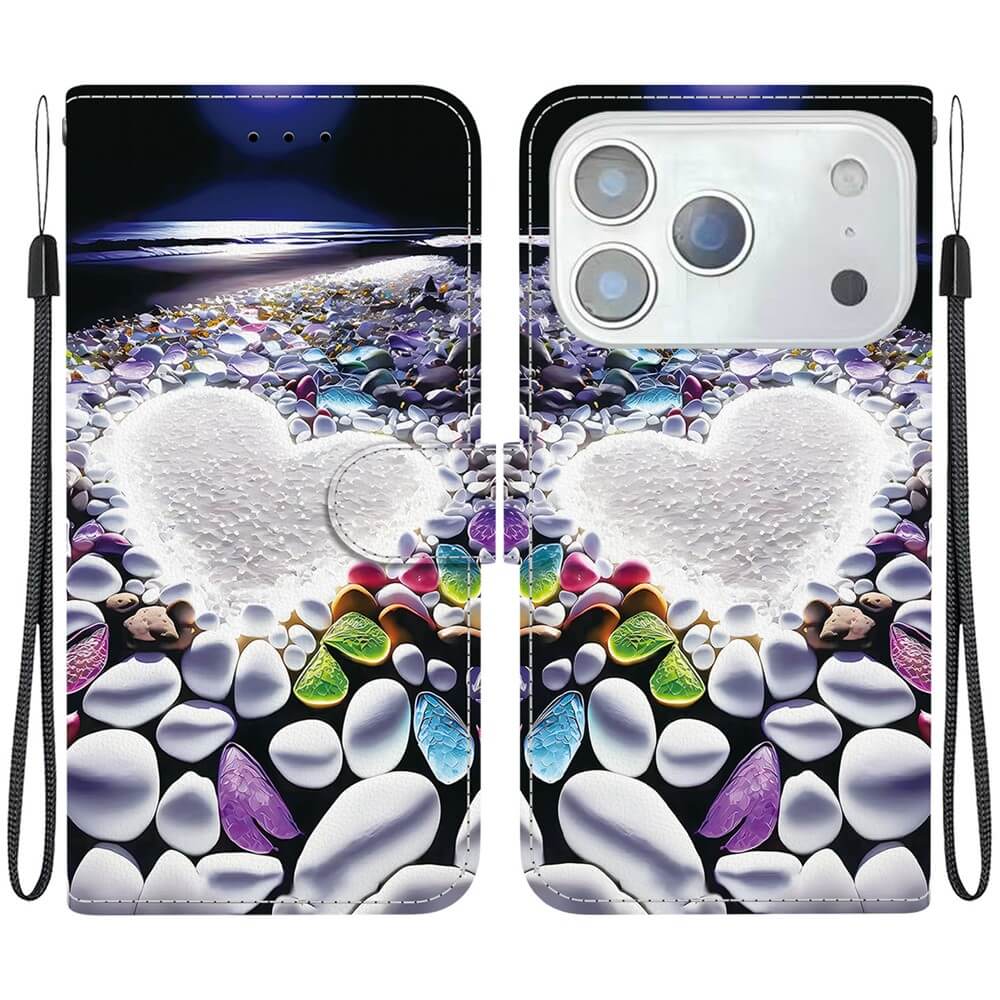 Die Cover-Discount iPhone 17 Pro - Handytasche Klapphülle Motiv verfügt über einen herzförmigen weißen Stein, bunte Kieselsteine und Handgelenkschlaufen - ideal für alle, die eine stilvolle Schutzhülle mit Motiv suchen.