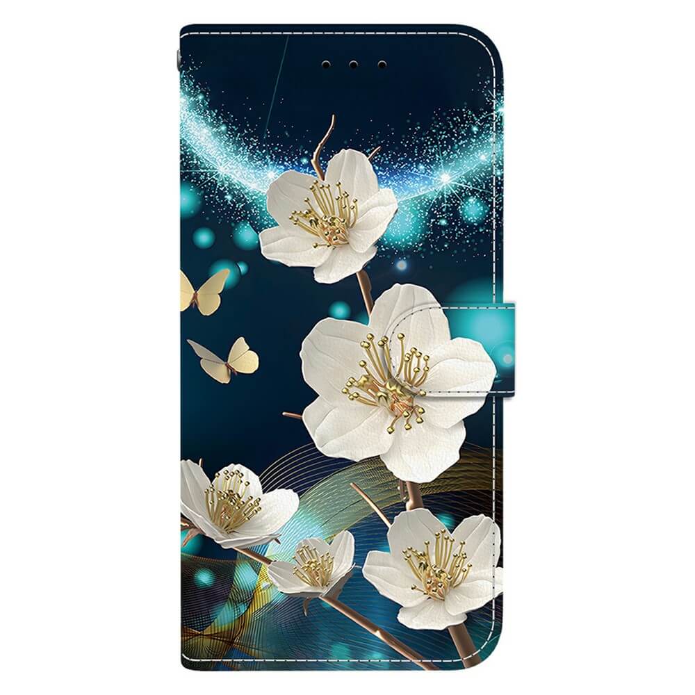 Cover-Discount iPhone 17 Pro Max - Handytasche Klapphülle mit weißem Blumen-, Schmetterlings- und blauem Glitzermotiv auf dunklem Hintergrund - stilvoller Schutz für dein Gerät.