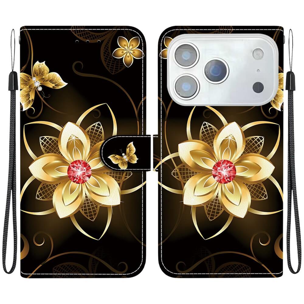Die Cover-Discount Handytasche Klapphülle für iPhone 17 Pro Max zeigt goldene Blumen und Schmetterlinge mit rotem Juwel auf schwarzem Hintergrund - elegant und stilvoller Schutz.
