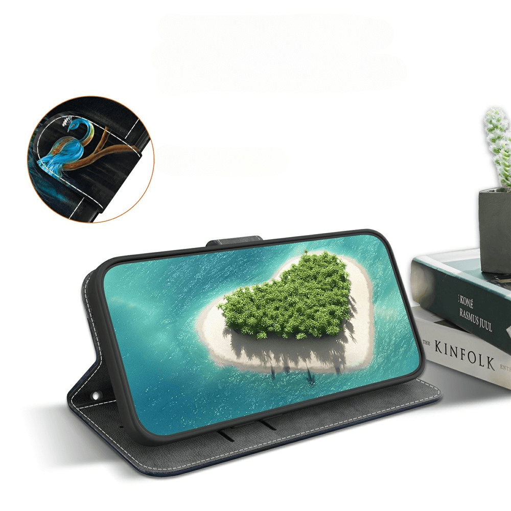 Das Cover-Discount iPhone 17 Pro Max Handytasche Klapphülle Motiv zeigt eine herzförmige Insel, ein kleiner Vogel, Kunst und Bücher ergänzen das Design.