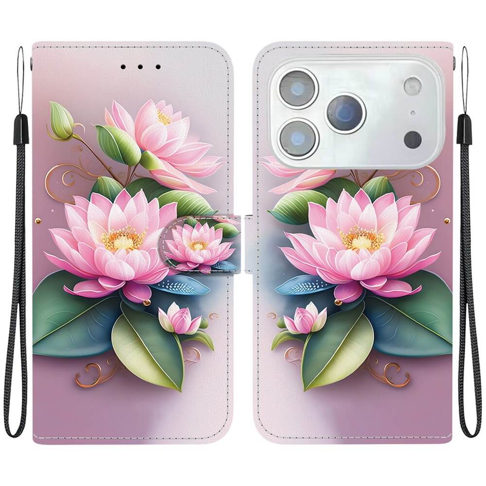 Cover-Discount iPhone 17 Pro Max - Handytasche Klapphülle Motiv mit rosa Lotusblume und grünen Blättern, Handgelenkschlaufen und Kameraausschnitt - stilvoller Schutz für Ihr Gerät.