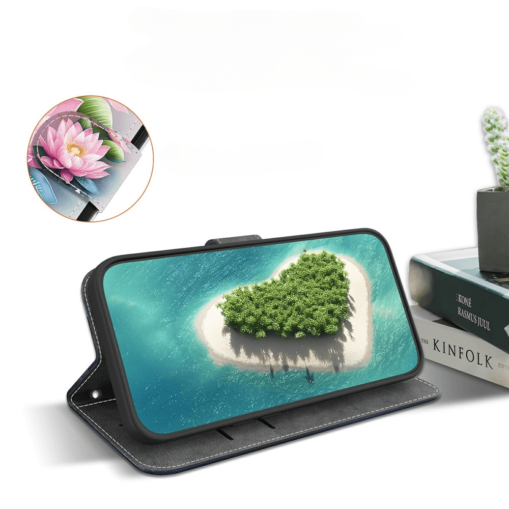 Die Cover-Discount iPhone 17 Pro Max Handytasche Klapphülle zeigt eine herzförmige Insel im blauen Wasser, umgeben von Büchern und einer Pflanze - das perfekte Accessoire für Buch- und Naturfreunde.