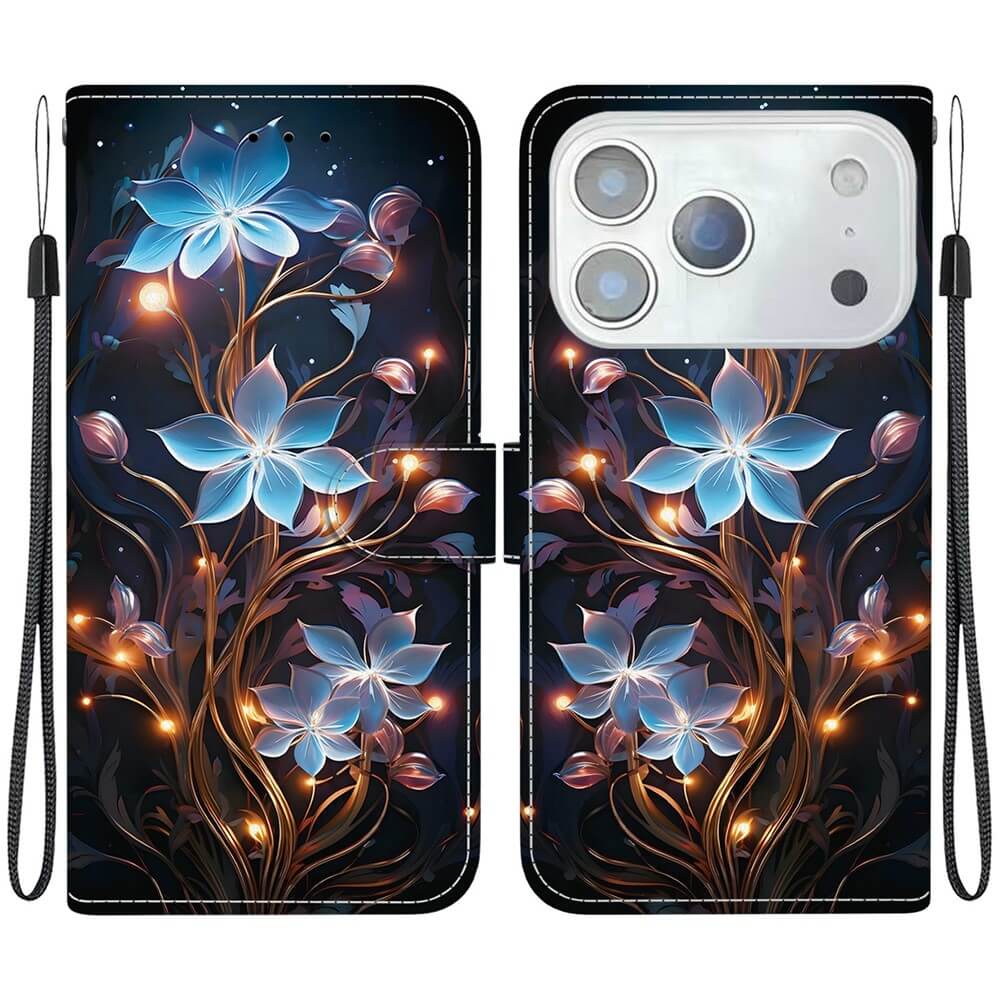 Stylische iPhone 17 Pro Max - Handytasche Klapphülle Motiv von Cover-Discount: Leuchtend blaue Blumen und goldene Stiele auf dunklem Hintergrund, beidseitige Handschlaufe - sicherer Schutz für Ihr iPhone 17 Pro Max.