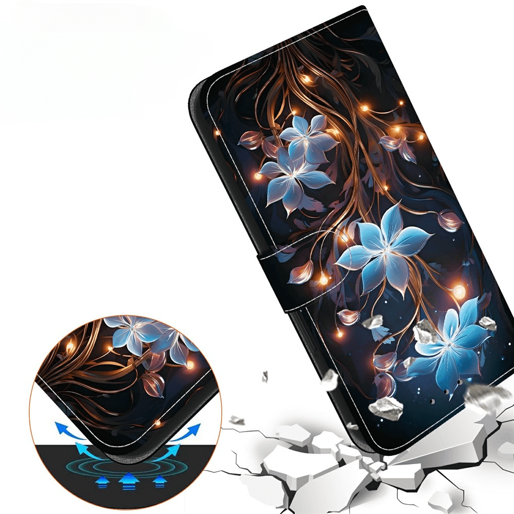 Die iPhone 17 Pro Max - Handytasche Klapphülle Motiv von Cover-Discount bietet ein stilvolles blaues Blumendesign mit leuchtenden Akzenten und absorbiert Stöße bei Stürzen, damit Ihr Gerät geschützt ist und gut aussieht.