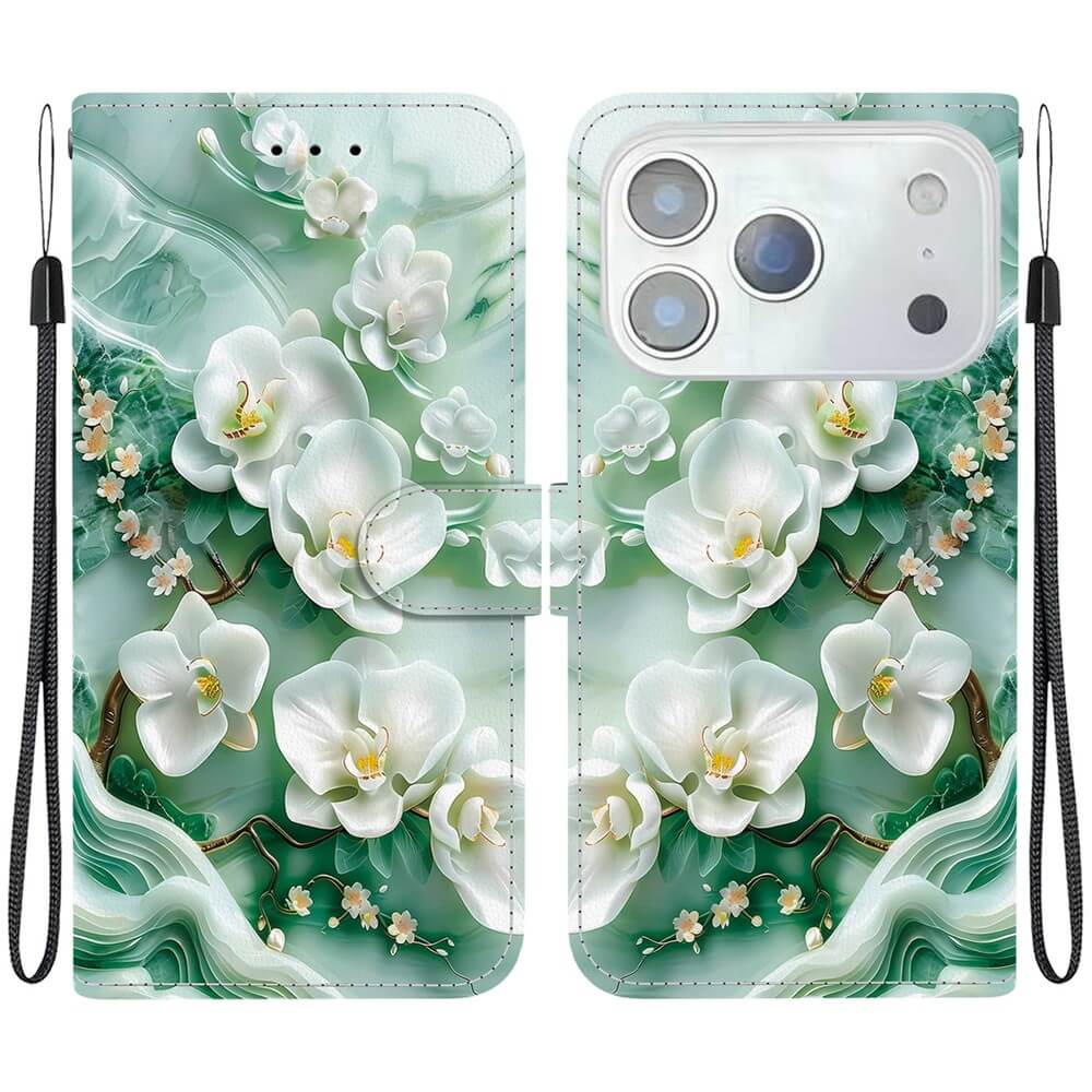 Veredeln Sie Ihr iPhone 17 Pro Max mit der Cover-Discount Klapphülle: eine stilvolle grüne Hülle mit weißen Orchideen, grünen Blättern, Handgelenkschlaufe und präzisem Kameraausschnitt.
