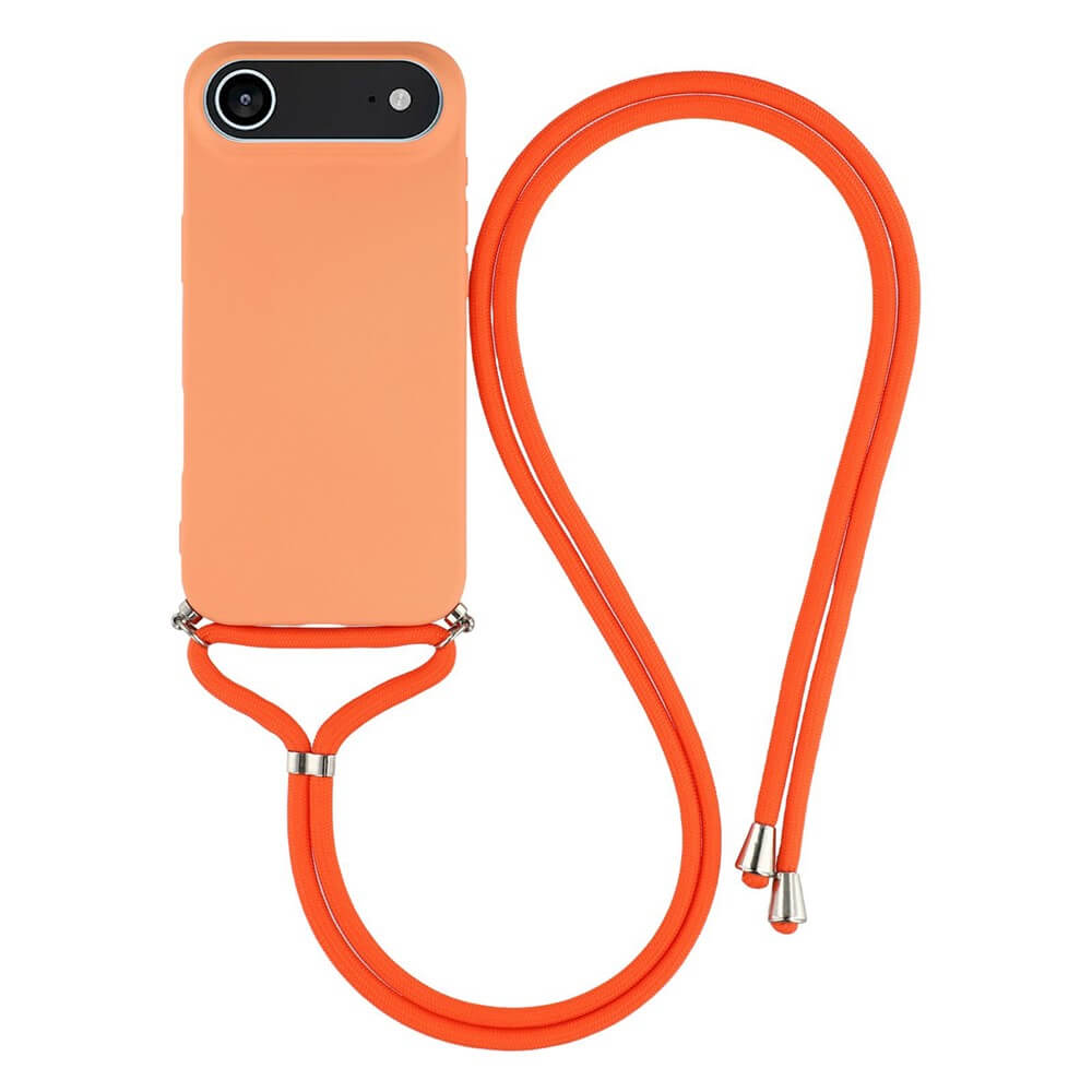 Die Cover-Discount iPhone 17 Air - Hülle mit Umhängeband aus pfirsichfarbenem Silikon ist mit einem orangefarbenen Umhängeband versehen und steht auf einem weißen Hintergrund.