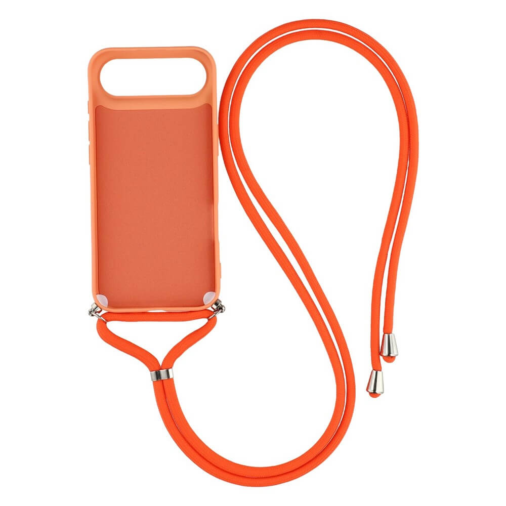 Die iPhone 17 Air - Hülle mit Umhängeband von Cover-Discount in Orange mit silbernen Details bietet stilvollen Schutz und praktischen Komfort - Perfekte TPU-Hülle, präsentiert auf weißem Hintergrund.
