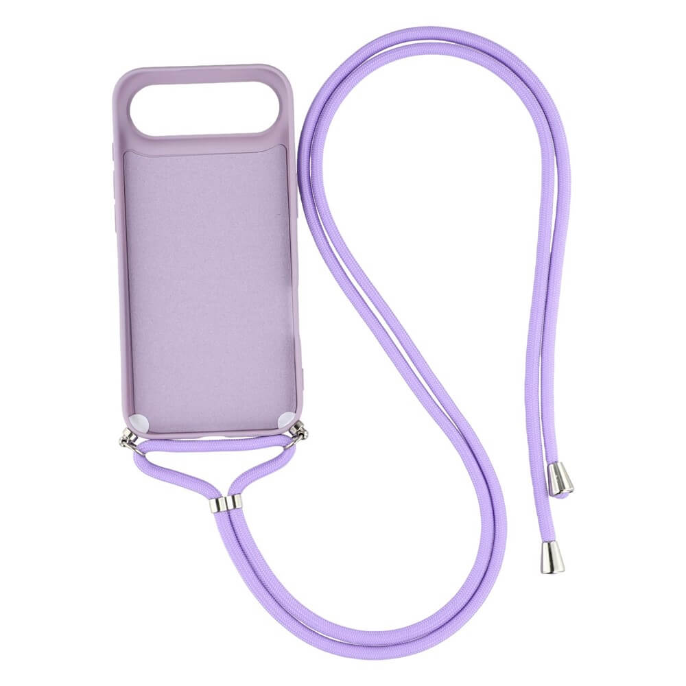 Die Cover-Discount iPhone 17 Air - Hülle mit Umhängeband in Lavendel hat silberne Metallspitzen und ist auf einem weißen Hintergrund abgebildet.
