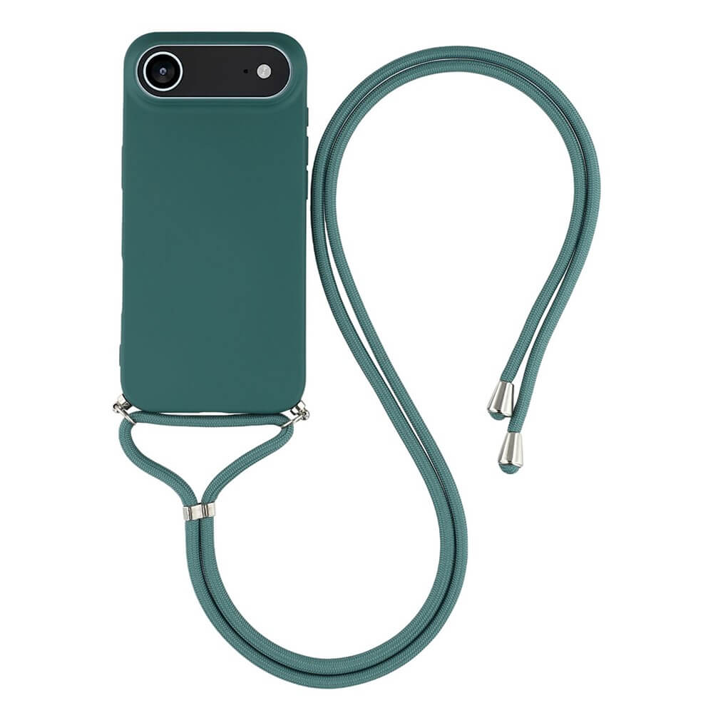 Die Cover-Discount iPhone 17 Air - Hülle mit Umhängeband in Grün wird von hinten vor weißem Hintergrund gezeigt.