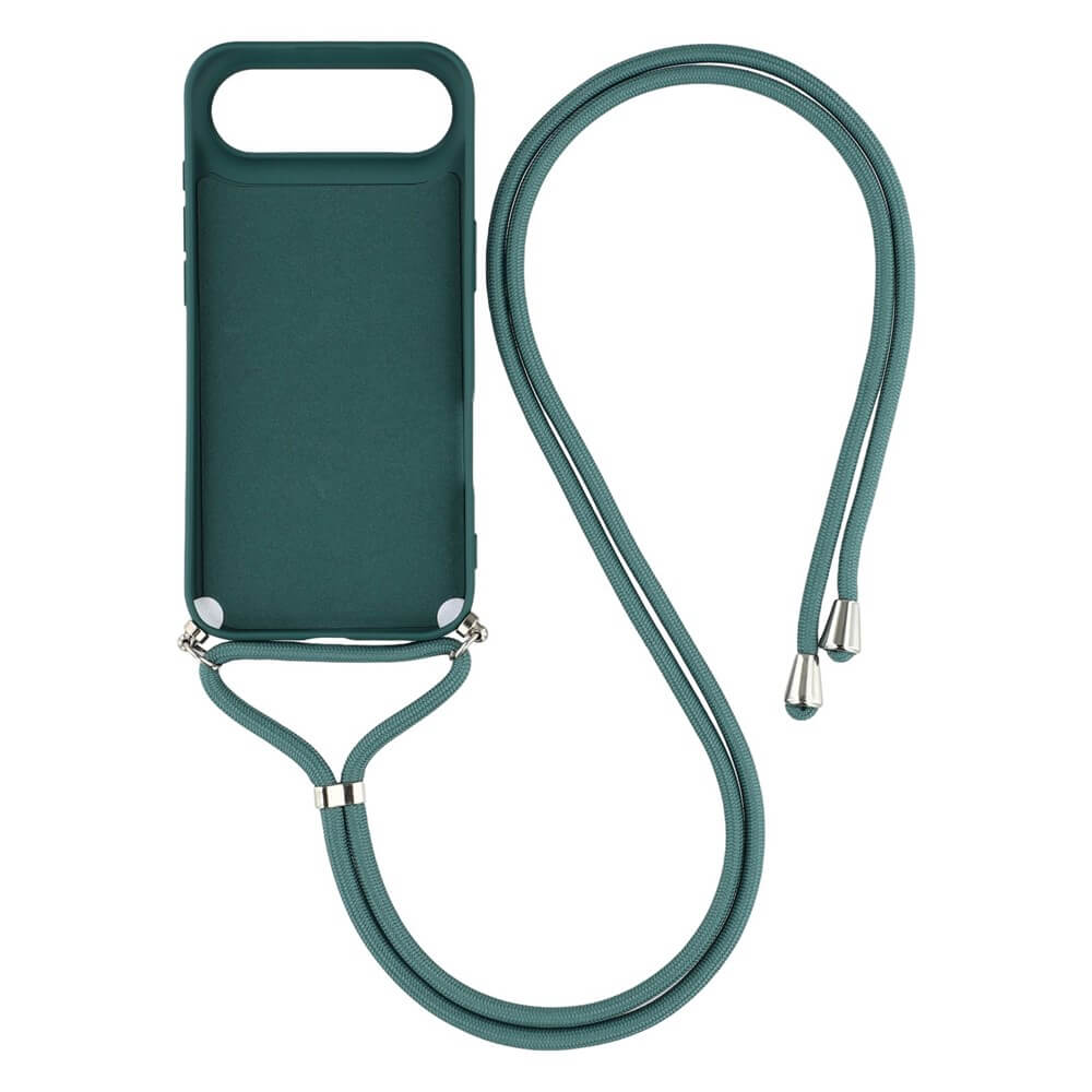 Die Cover-Discount iPhone 17 Air - Hülle mit Umhängeband ist eine blaugrüne Handyhülle mit passendem Umhängeband, die um den Hals oder am Körper getragen werden kann. Sie bietet stilvollen TPU-Schutz und Komfort für den Alltag.