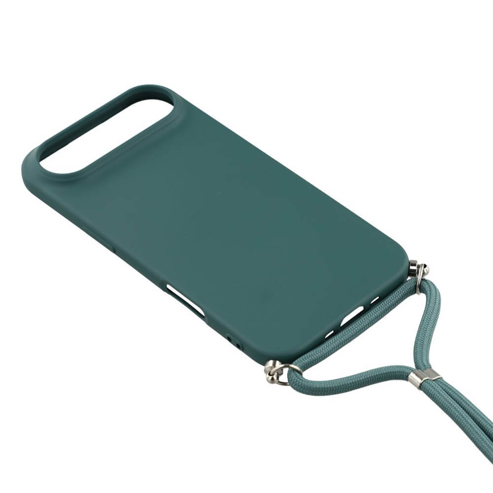 Die Cover-Discount iPhone 17 Air - Hülle mit Umhängeband kombiniert flexibles TPU, robuste Metallverbinder und bietet stilvollen Schutz in Teal auf weißem Hintergrund.