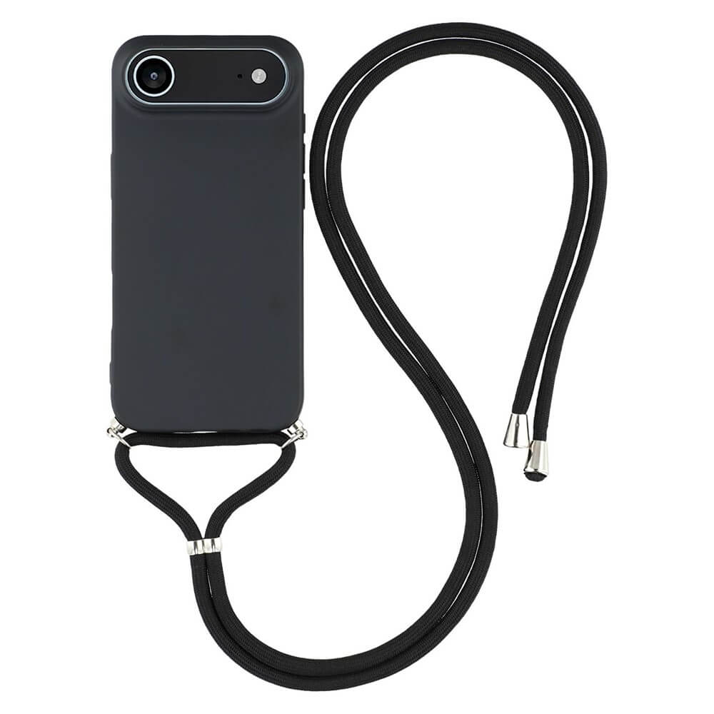 Das iPhone 17 Air in einer Cover-Discount Hülle mit Umhängeband, mit einer langen schwarzen Handykette, wird auf weißem Hintergrund dargestellt.