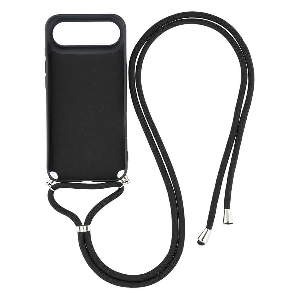 Cover-Discount iPhone 17 Air - Hülle mit Umhängeband in Schwarz aus TPU mit silbernen Endkappen, auf weißem Hintergrund präsentiert.