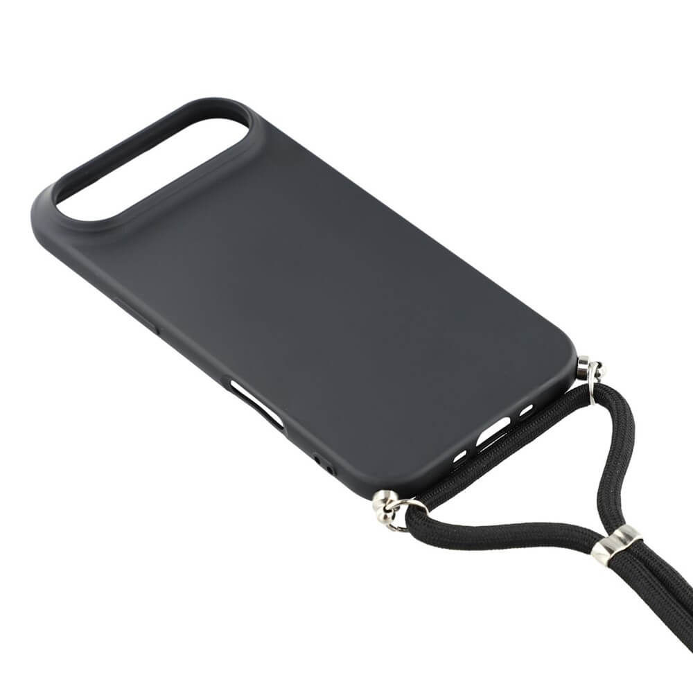 Die Cover-Discount iPhone 17 Air Hülle mit Umhängeband vereint Stil und Schutz. Die schwarze TPU-Hülle wird auf weißem Hintergrund präsentiert.