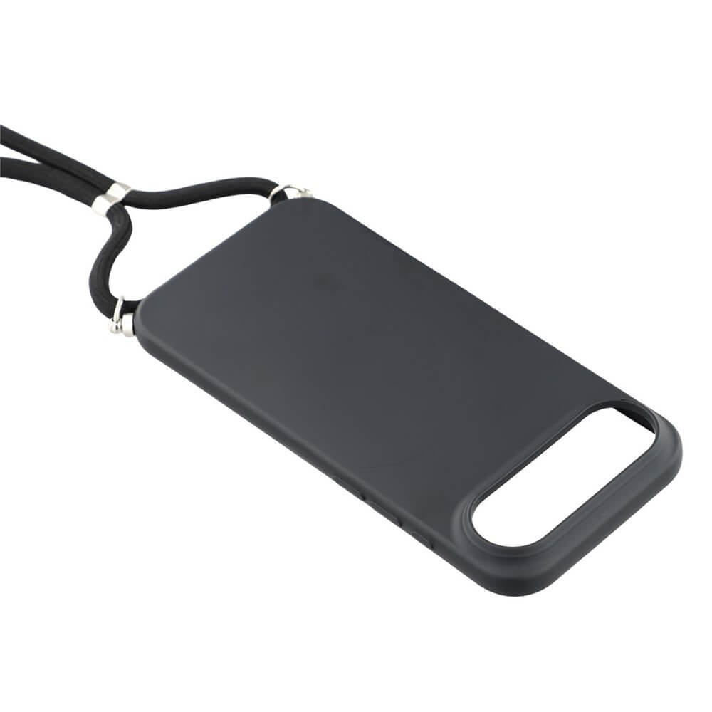 Die iPhone 17 Air - Hülle mit Umhängeband von Cover-Discount in Schwarz liegt mit praktischem Band flach auf weißem Hintergrund.