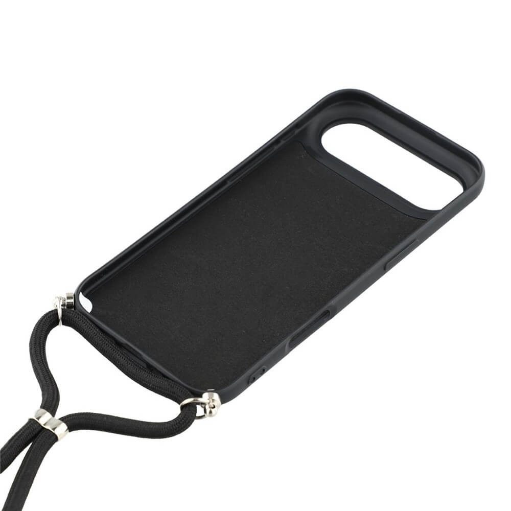 The Cover-Discount iPhone 17 Air - Hülle mit Umhängeband in Schwarz aus TPU, mit praktischem Band an den unteren Ecken, auf weißem Hintergrund gezeigt.