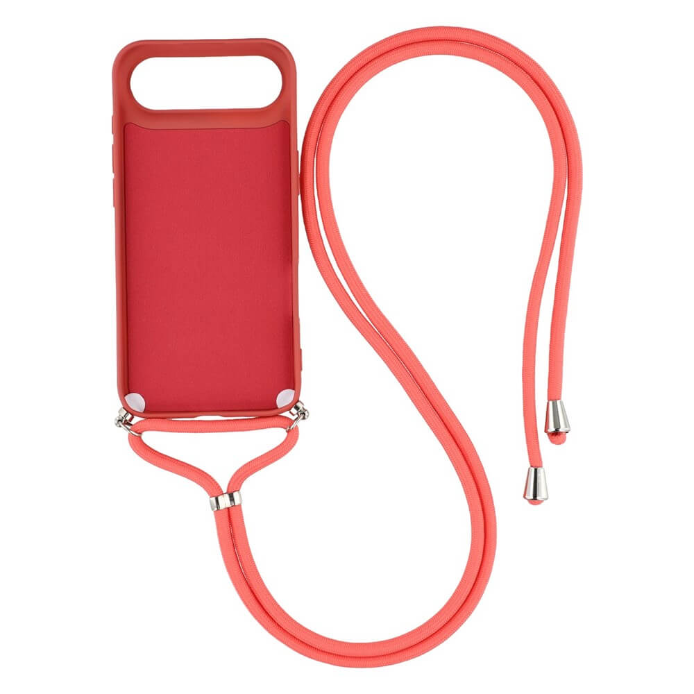Cover-Discount iPhone 17 Air - Hülle mit Umhängeband: Rote TPU-Hülle mit langem Handykette-Lanyard und Metallenden, arrangiert auf weißem Hintergrund.
