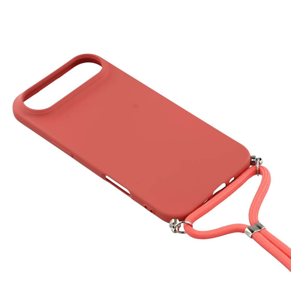 Die iPhone 17 Air - Hülle mit Umhängeband von Cover-Discount liegt auf weißem Hintergrund - idealer Silikonschutz für stilvolle Optik und praktischen Komfort.