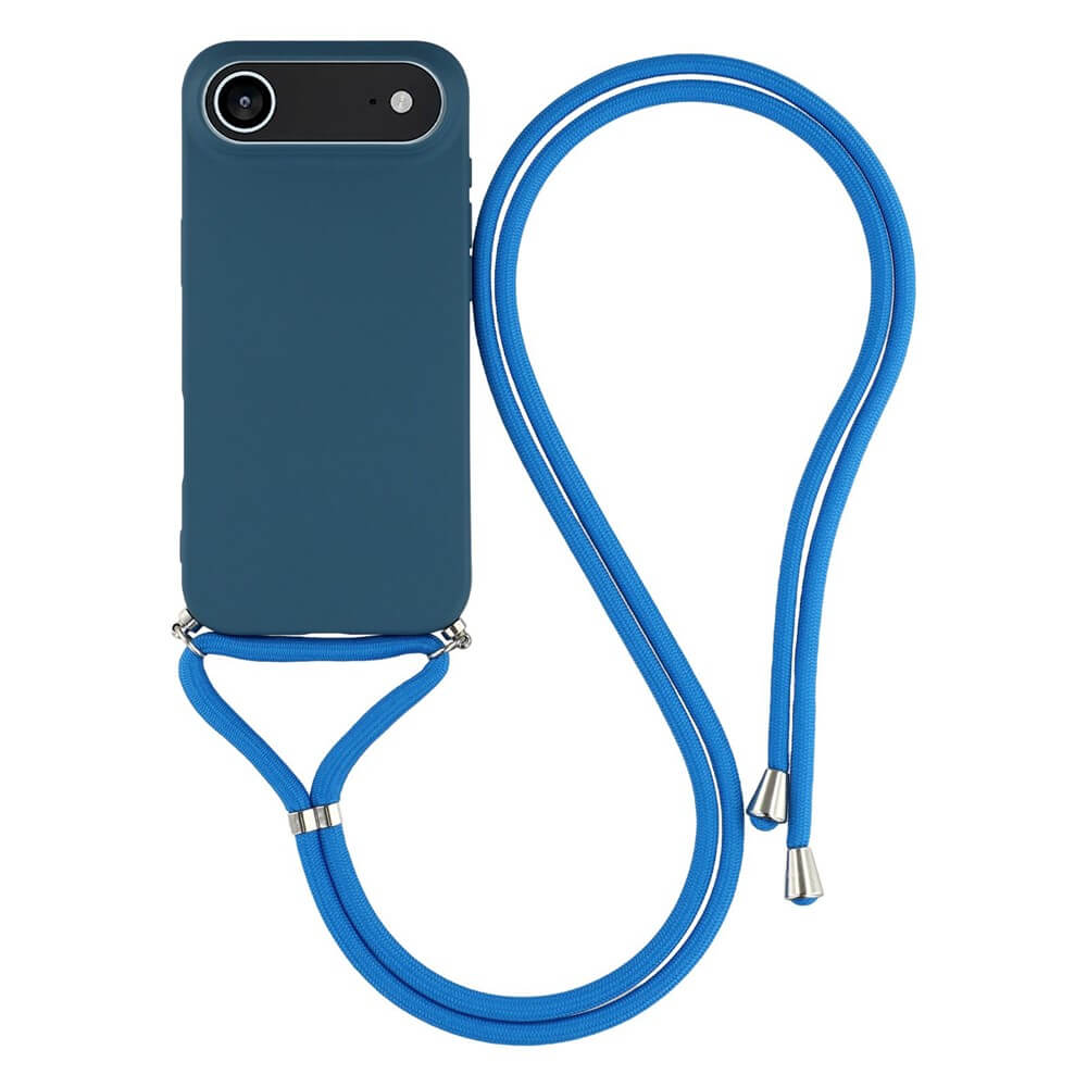 Das iPhone 17 Air in Blau mit passender Cover-Discount Hülle mit Umhängeband ist in einer eleganten S-Form auf weißem Hintergrund angeordnet.