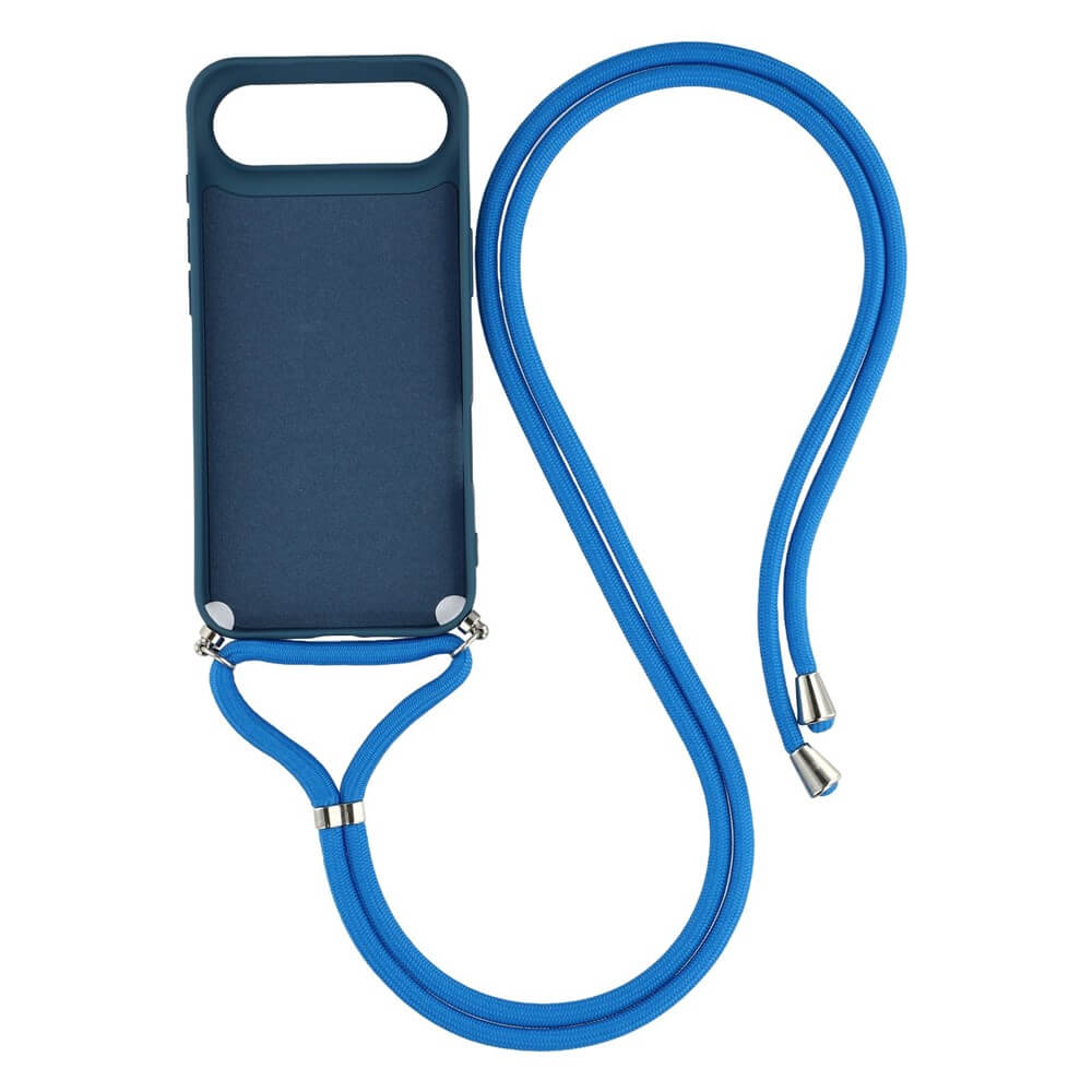 Die Cover-Discount iPhone 17 Air - Hülle mit Umhängeband besteht aus einer dunkelblauen TPU-Hülle, einer langen, hellblauen Handykette und silbernen Anschlüssen, die alle auf einem weißen Hintergrund dargestellt sind.