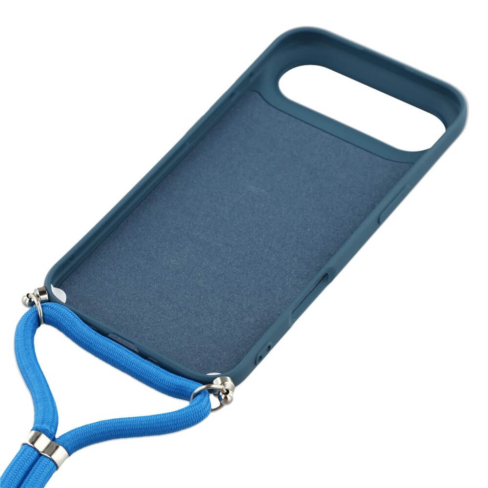 Cover-Discount iPhone 17 Air - Hülle mit Umhängeband in Blau, incl. Silikon-Tasche und passendem Band, im top-down Winkel auf weißem Hintergrund gezeigt. Perfekt als TPU-Hülle für das iPhone 17.