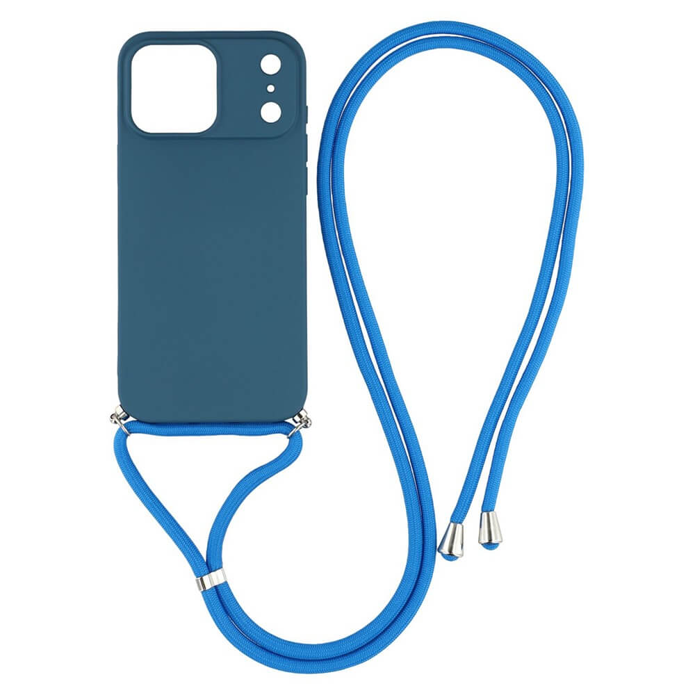 Cover-Discount iPhone 17 Pro - Hülle mit Umhängeband: Blaue TPU Schutzhülle mit passendem verstellbarem Trageband, präsentiert auf weißem Hintergrund.