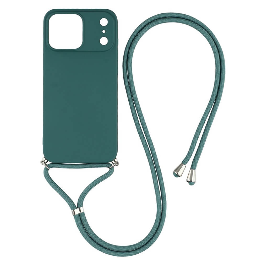 Cover-Discount iPhone 17 Pro - Hülle mit Umhängeband in Teal TPU mit abnehmbarem Handykette Lanyard und Metalldetails, präsentiert auf weißem Hintergrund.