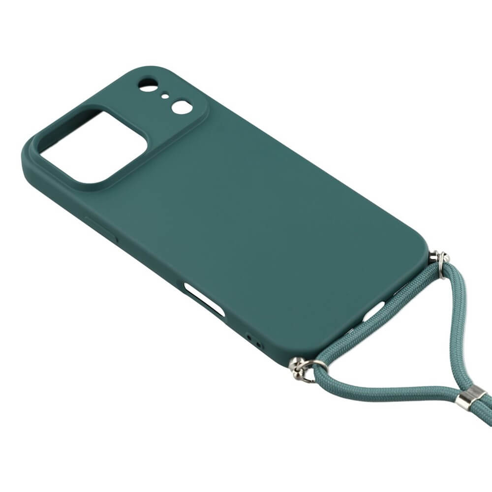 Die Cover-Discount iPhone 17 Pro - Hülle mit Umhängeband in Teal verfügt über einen Kameraausschnitt und eine Handykette, die an den unteren Ecken angebracht ist und für zusätzlichen Stil und Komfort sorgt.