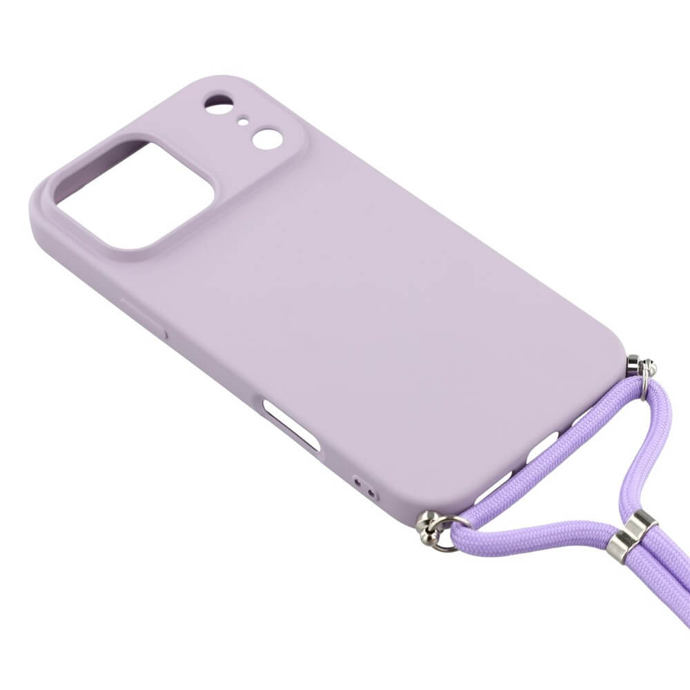 Die iPhone 17 Pro - Hülle mit Umhängeband von Cover-Discount ist eine leichte, lilafarbene Silikonhülle mit passender Handykette, die an der unteren rechten Ecke befestigt ist.