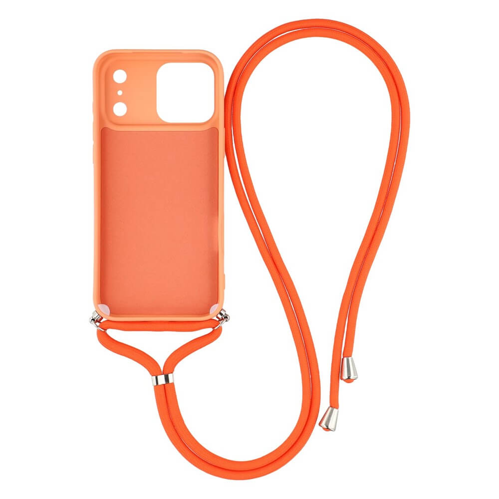 Die iPhone 17 Pro - Hülle mit Umhängeband von Cover-Discount in Orange, mit Metallspitzen, stilvoll auf weißem Hintergrund präsentiert.