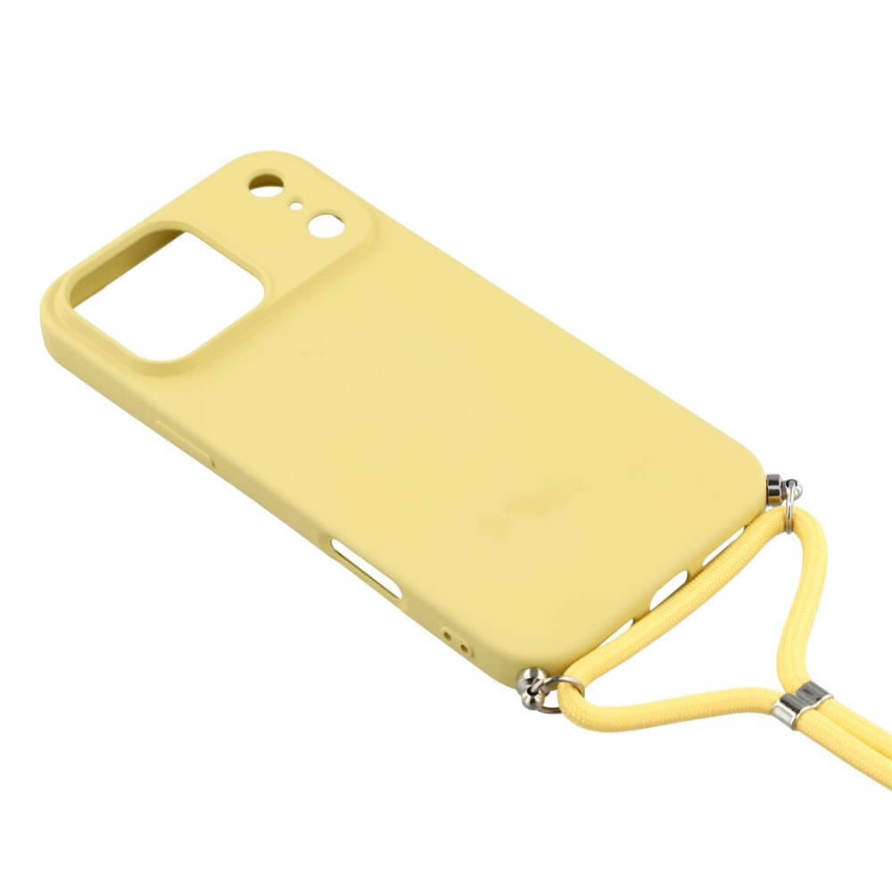 Die Cover-Discount iPhone 17 Pro - Hülle mit Umhängeband ist eine gelbe Silikonhülle mit Kameraausschnitten, ideal als TPU Case für Ihr Smartphone, präsentiert auf weißem Hintergrund.