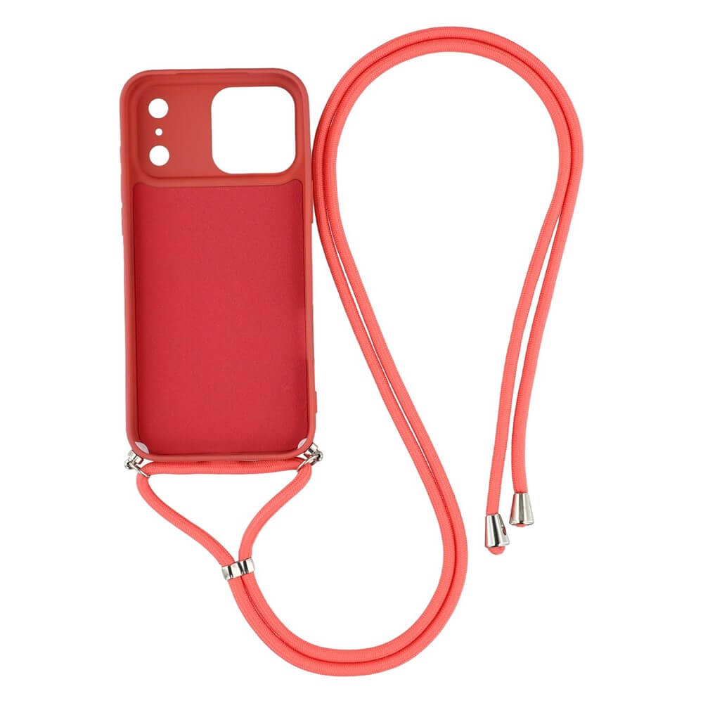 Die iPhone 17 Pro - Hülle mit Umhängeband von Cover-Discount, aus rotem Silikon, ist auf weißem Hintergrund zu sehen und bietet optimalen Schutz in stylischem Design.