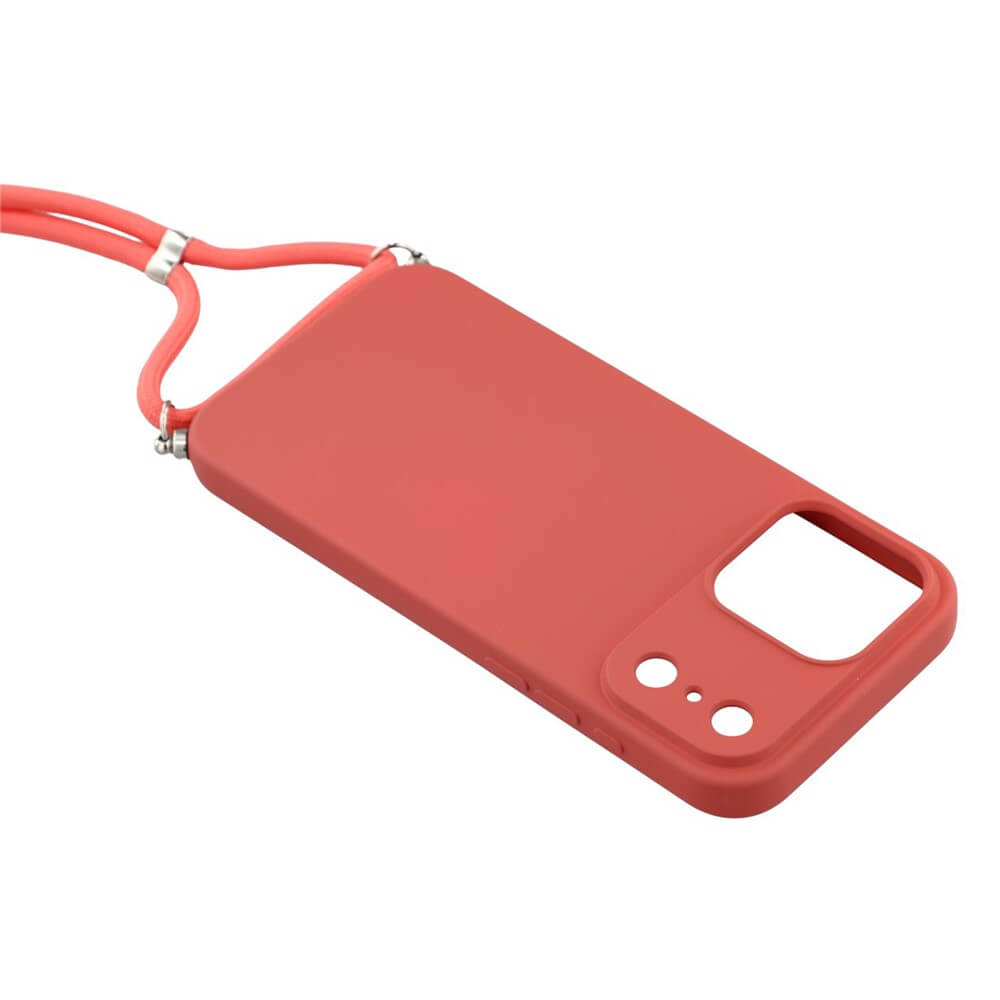 Die Cover-Discount iPhone 17 Pro Hülle mit Umhängeband in Rot, passend für Modelle mit Dual-Kamera, liegt auf weißem Hintergrund.