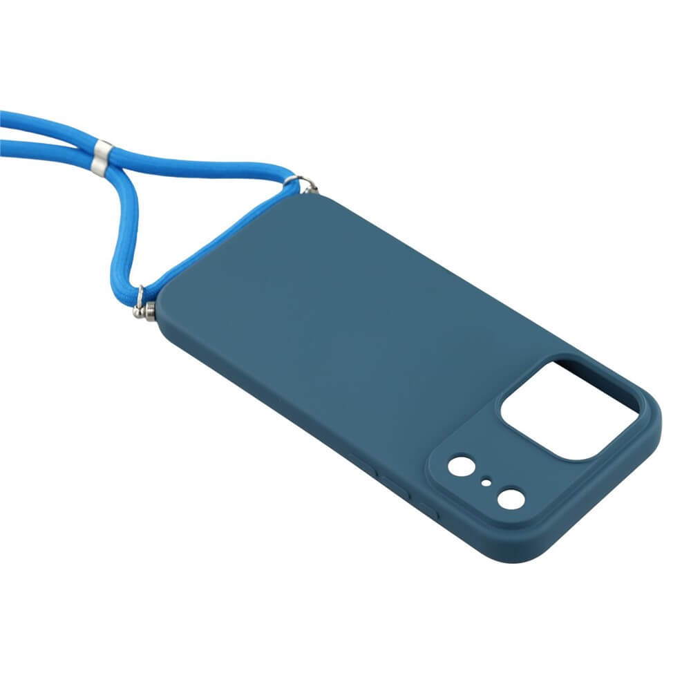 Cover-Discount iPhone 17 Pro Max - Hülle mit Umhängeband in Blau, stilvoll präsentiert aus Rück- und Schrägansicht mit passendem blauen Band.