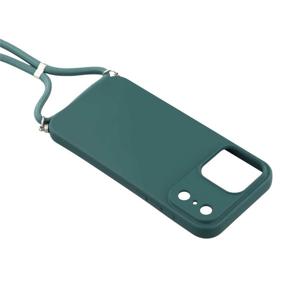 Die Cover-Discount iPhone 17 Pro Max Hülle mit Umhängeband bietet eine tealfarbene Silikonhülle mit Kameraausschnitt, praktisch am oberen Rand befestigt.