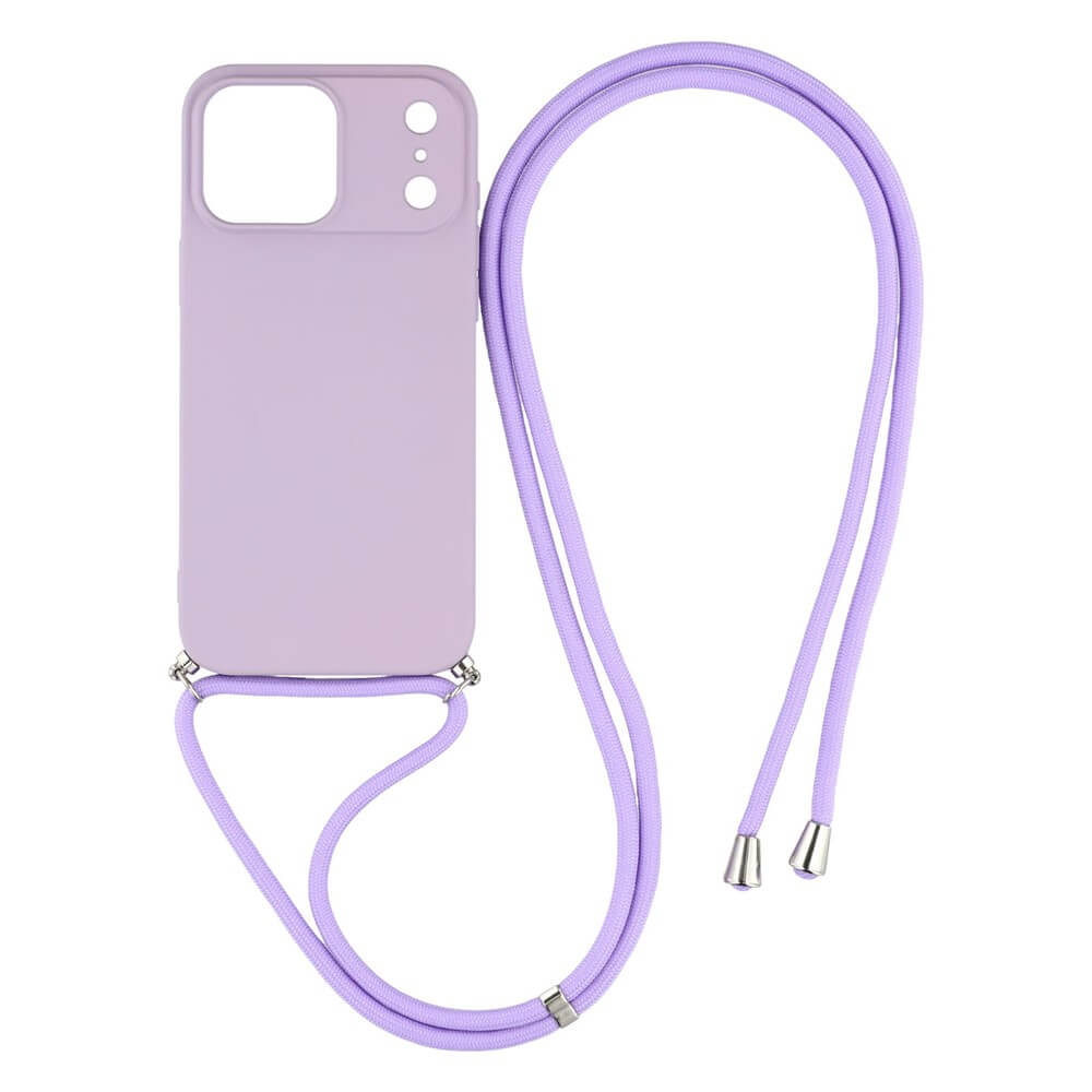 Die Cover-Discount iPhone 17 Pro Max - Hülle mit Umhängeband in Lavendel, verziert mit silbernen Tipps, wird stilvoll vor weißem Hintergrund präsentiert.