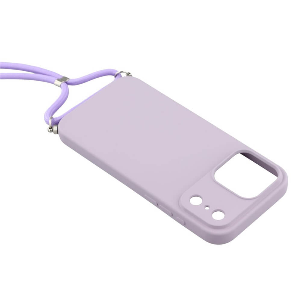 Die Cover-Discount iPhone 17 Pro Max - Hülle mit Umhängeband in Helllila besteht aus TPU und bietet passgenaue Aussparungen für Kamera und Tasten.
