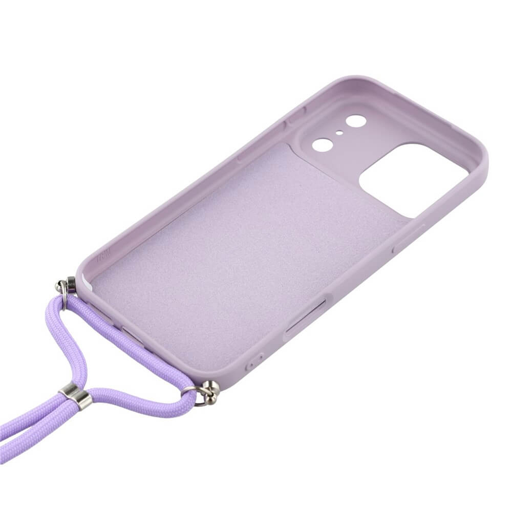 Das Cover-Discount iPhone 17 Pro Max - Hülle mit Umhängeband in hellviolett ist auf weißem Hintergrund abgebildet.