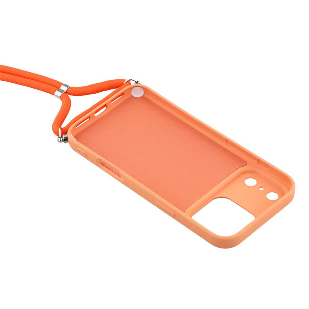Die Cover-Discount iPhone 17 Pro Max - Hülle mit Umhängeband besteht aus robustem Silikon in Orange und schützt dein Smartphone zuverlässig - die ideale TPU-Hülle für unterwegs.