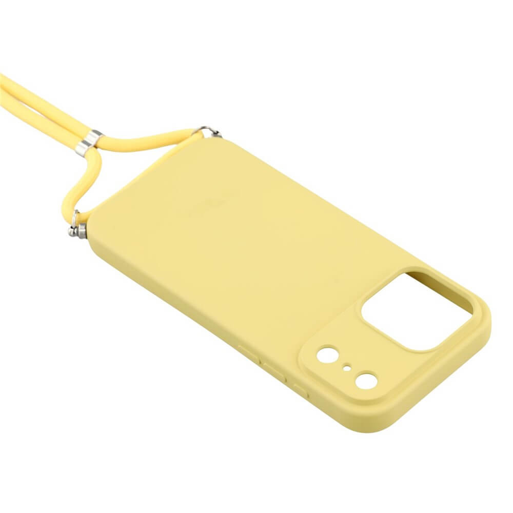 Cover-Discount iPhone 17 Pro Max - Hülle mit Umhängeband aus gelbem TPU, mit passenden Aussparungen für Tasten und Kamera, auf weißem Hintergrund liegend.