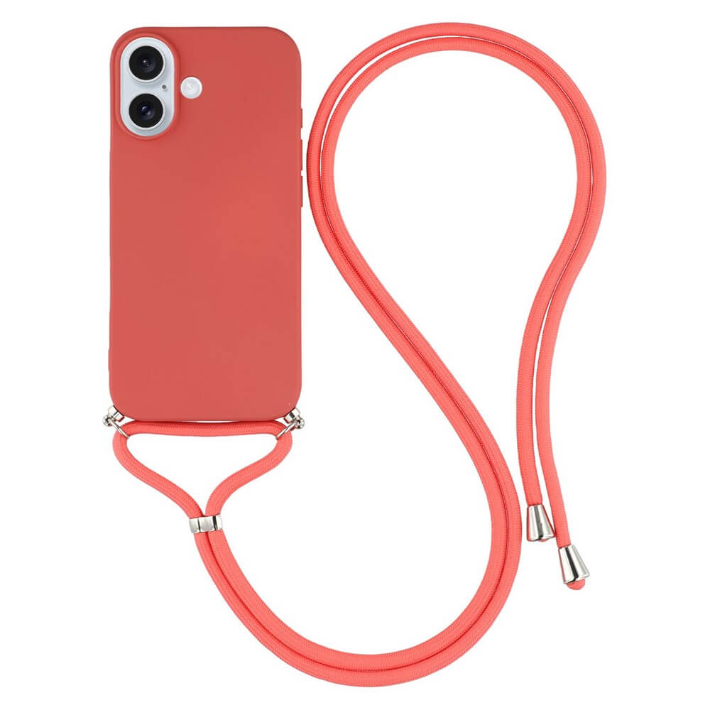 Die iPhone 17 - Hülle mit Umhängeband von Cover-Discount wird stilvoll auf weißem Hintergrund präsentiert. Sie besteht aus rotem TPU und verfügt über ein langes, passendes Band - idealer Schutz und modisches Accessoire in einem.