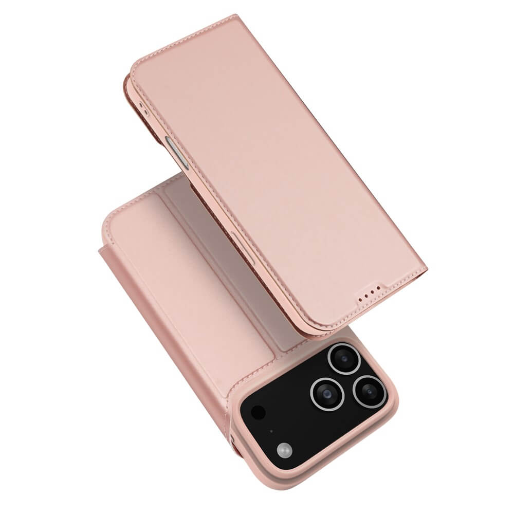Das Dux Ducis Skin Pro Flip Case in Roségold für das iPhone 17 Pro Max verfügt über einen präzisen Kameraausschnitt und zeigt im geöffneten Zustand sowohl die Innen- als auch die Rückseite.