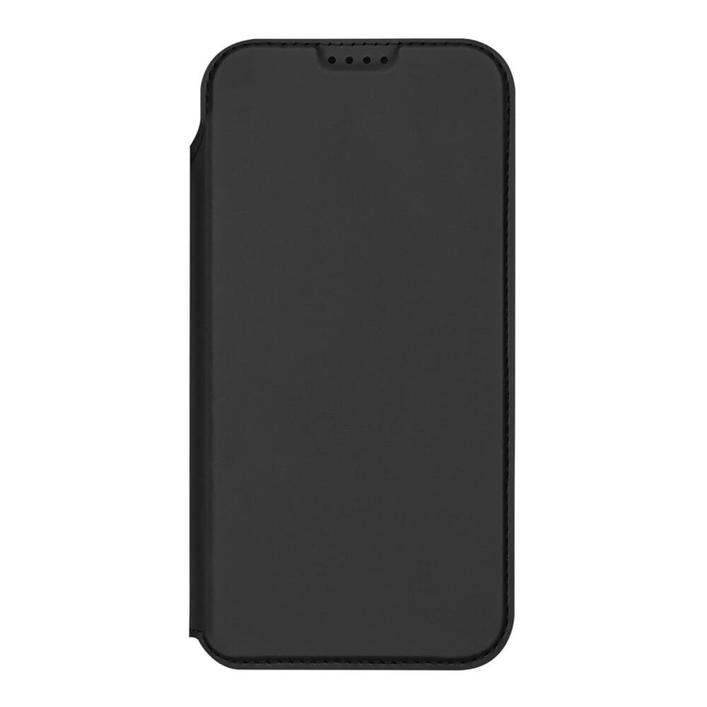 Das Dux Ducis Skin Pro Flip Case für iPhone 17 Air ist eine schwarze Hülle mit einer Frontklappe, die geschlossen und von oben gesehen vor einem weißen Hintergrund dargestellt wird.